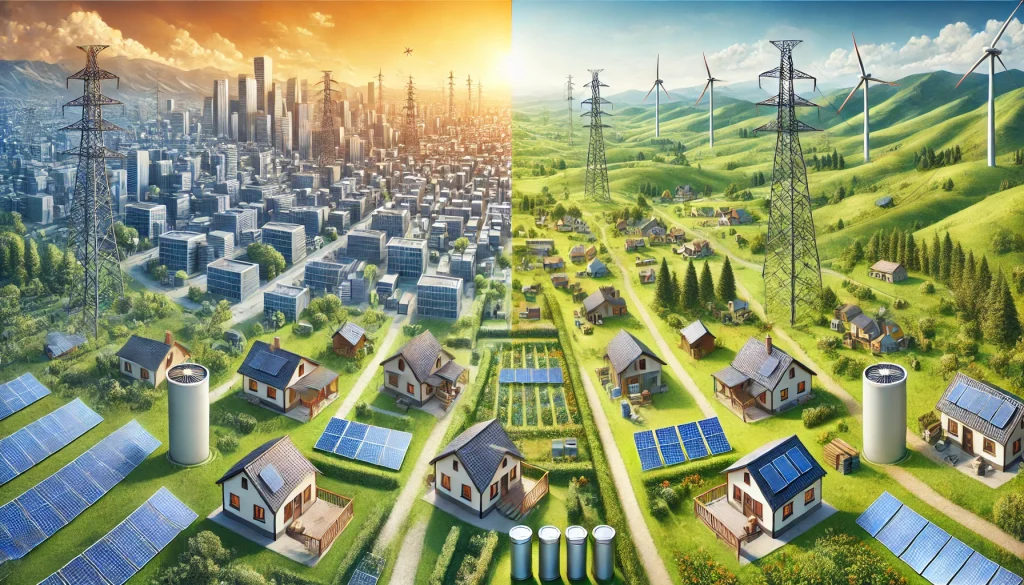 DALL·E 2025-05-13 13.33.04 - A realistic landscape illustration expanded from a split image showing on-grid versus off-grid solar power systems. On the left side (on-grid), a mode